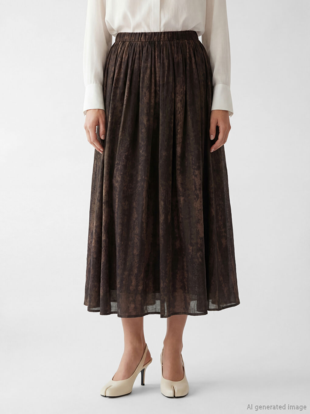 Kahverengi Beli Lastikli Desenli Kloş Etek-1