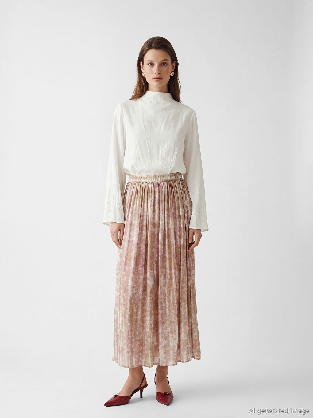 Pembe Beli Lastikli Desenli Kloş Etek