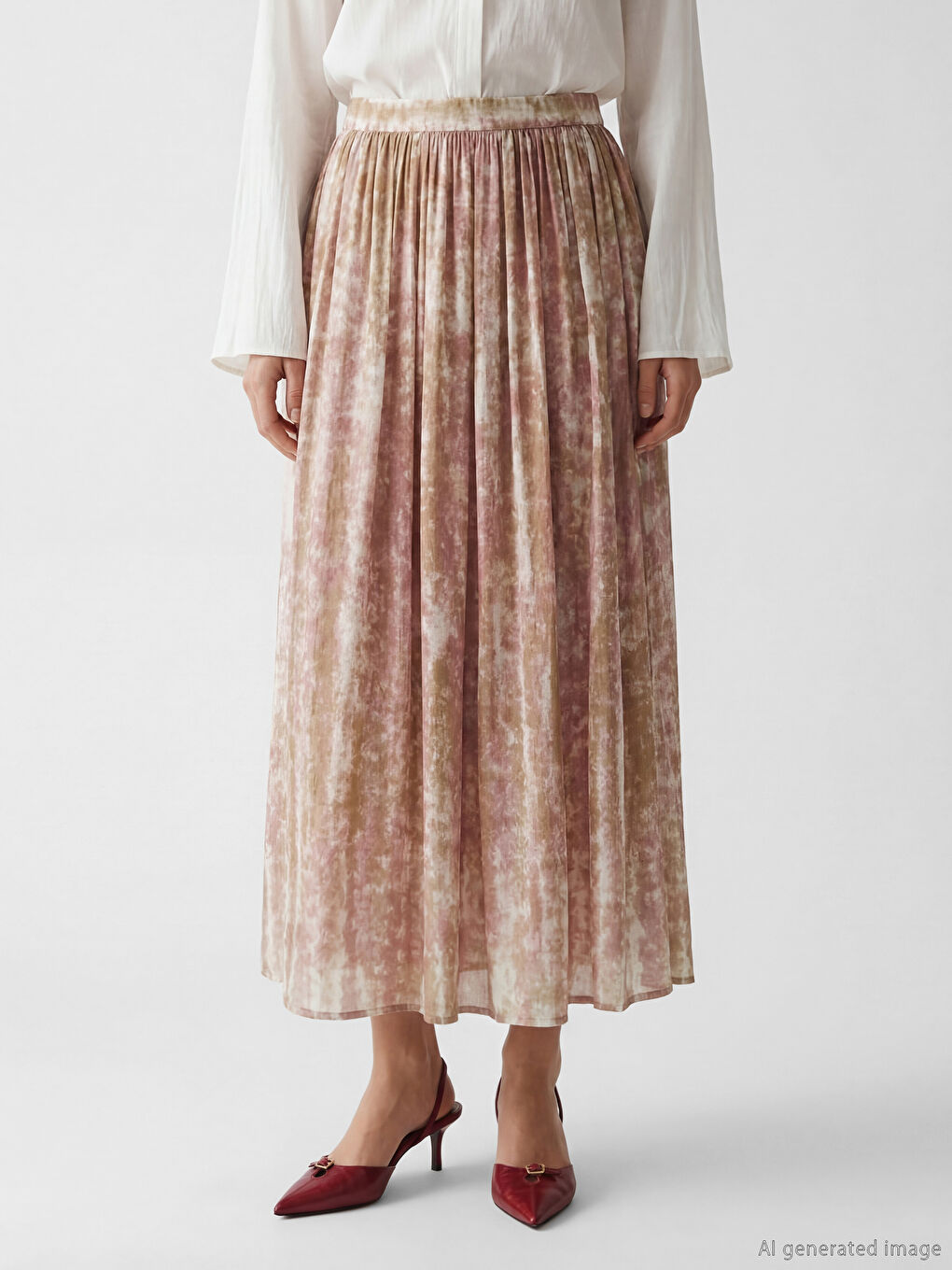 Pembe Beli Lastikli Desenli Kloş Etek-1