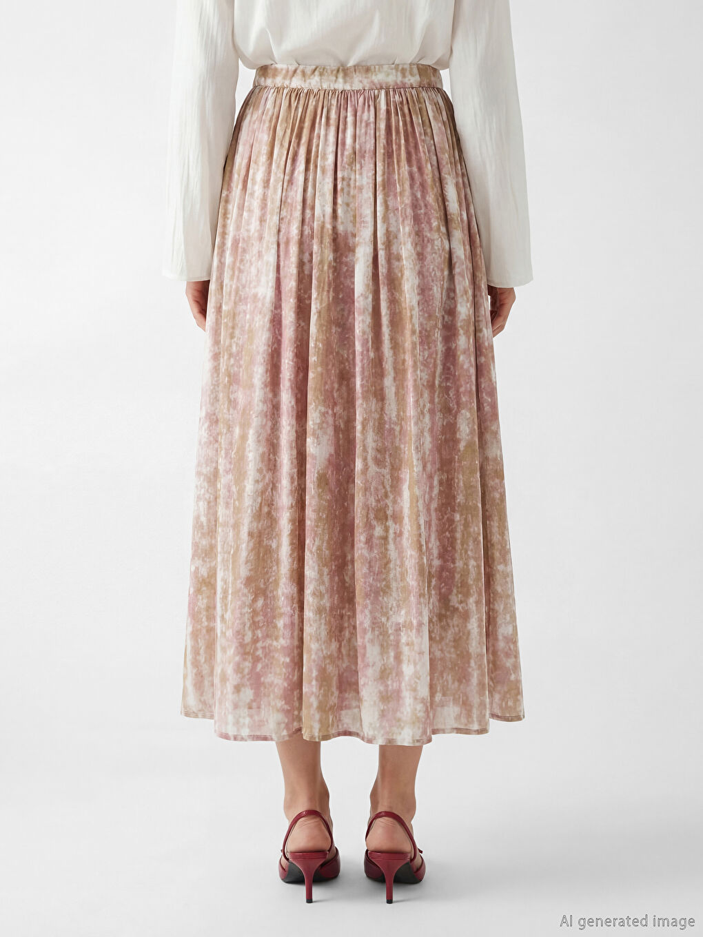 Pembe Beli Lastikli Desenli Kloş Etek-3