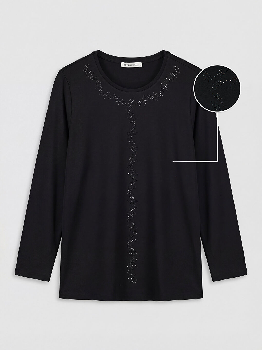 Siyah Bisiklet Yaka Taşlı Kadın Tişört