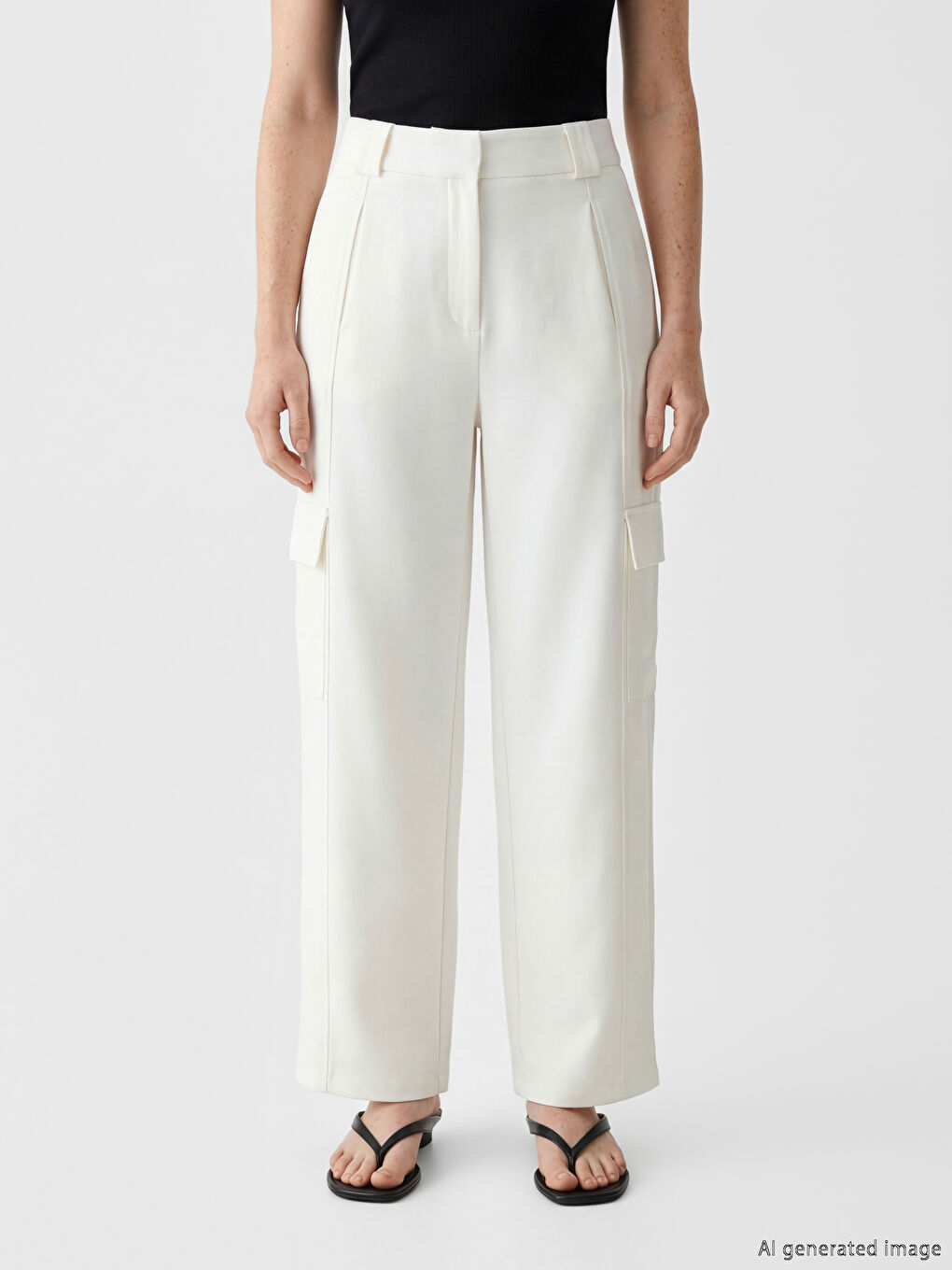 Beyaz Regular Fit Kadın Kargo Pantolon-1