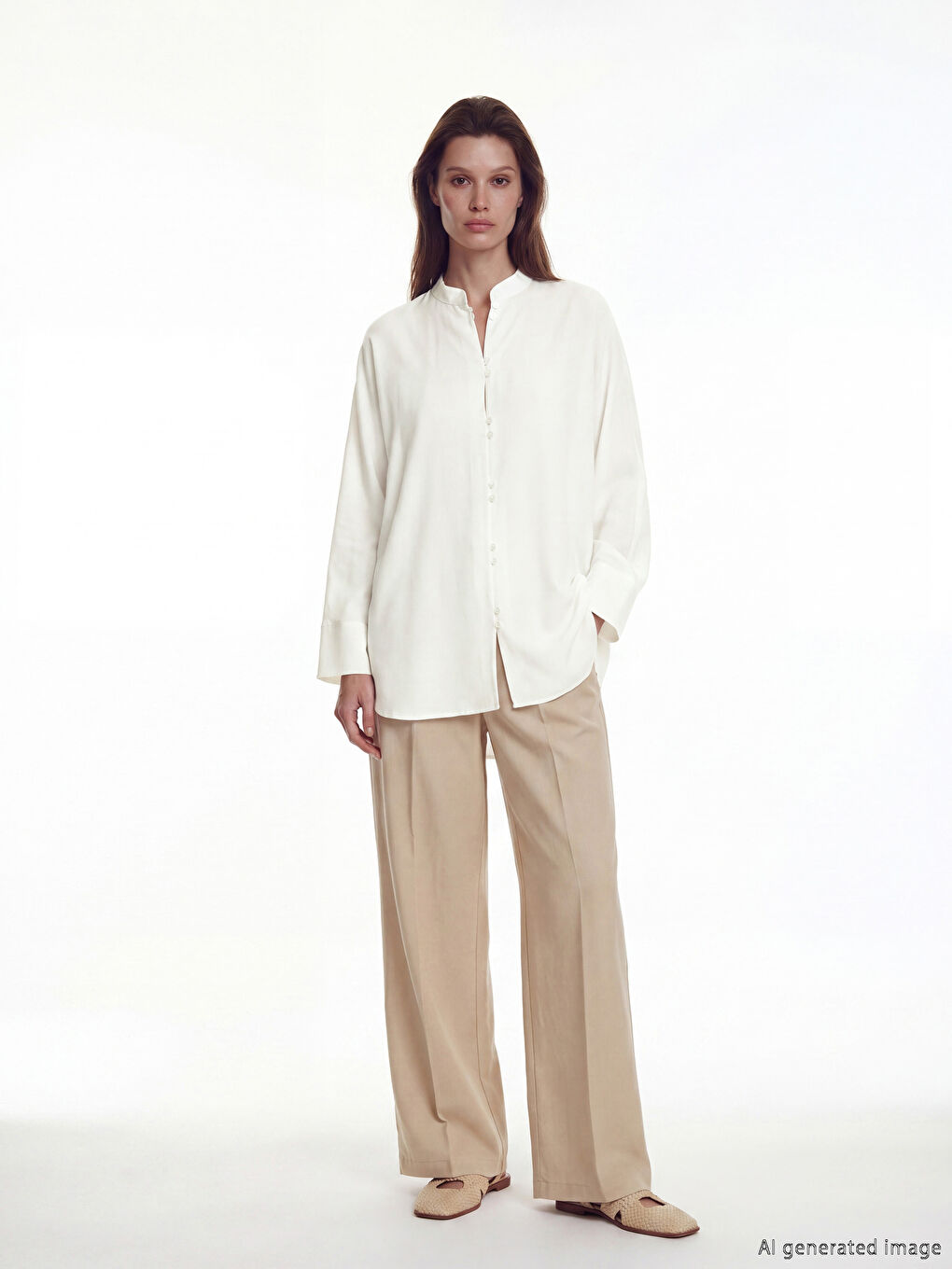 Ekru Keten Karışımlı Kadın Gömlek Tunik-1