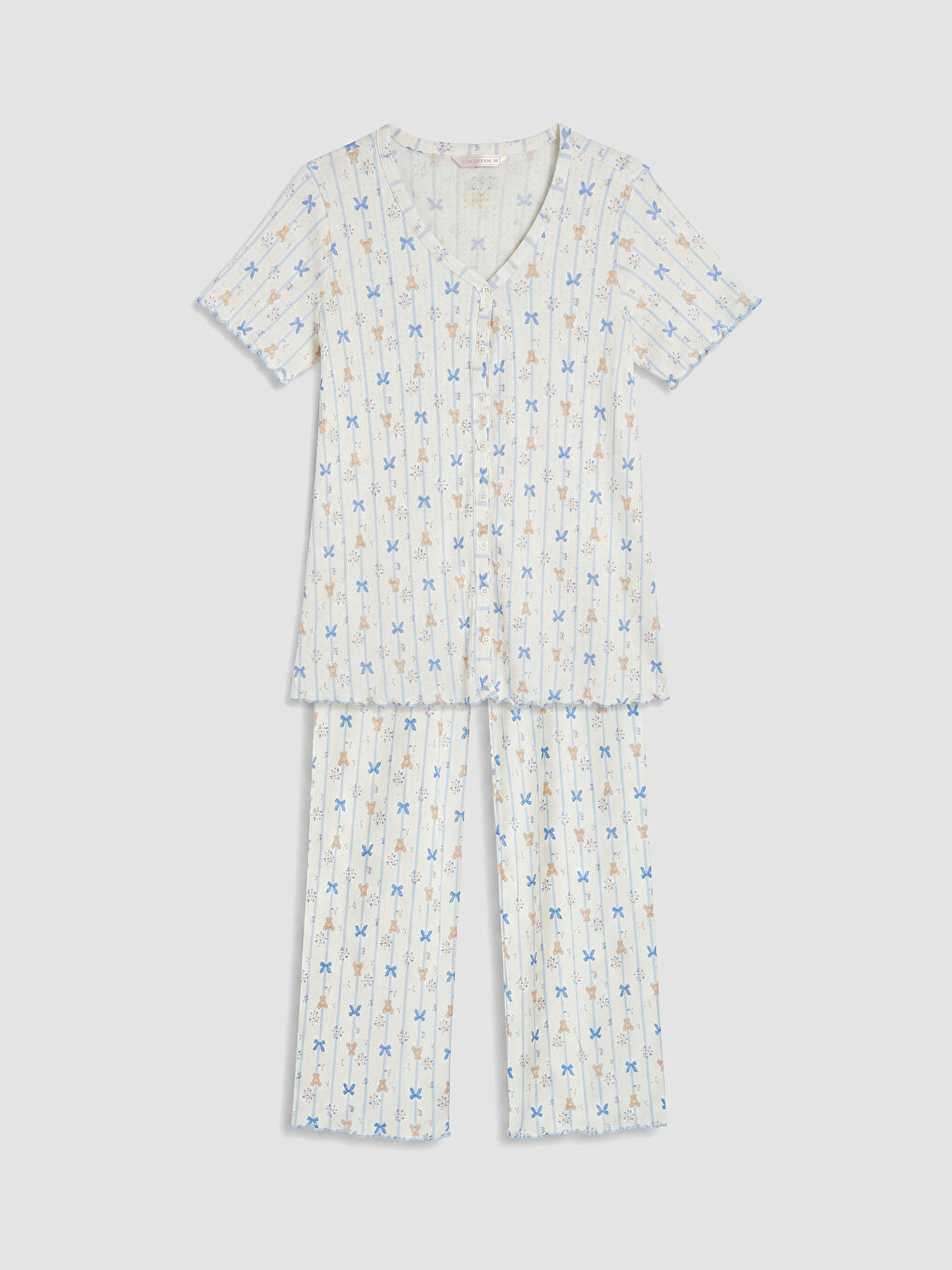 Ekru V Yaka Baskılı Hamile Pijama Takımı