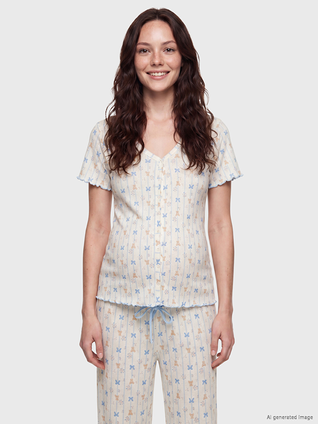 Ekru V Yaka Baskılı Hamile Pijama Takımı-1