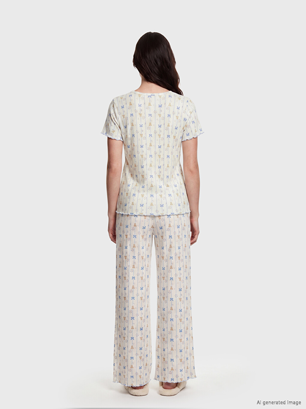 Ekru V Yaka Baskılı Hamile Pijama Takımı-3