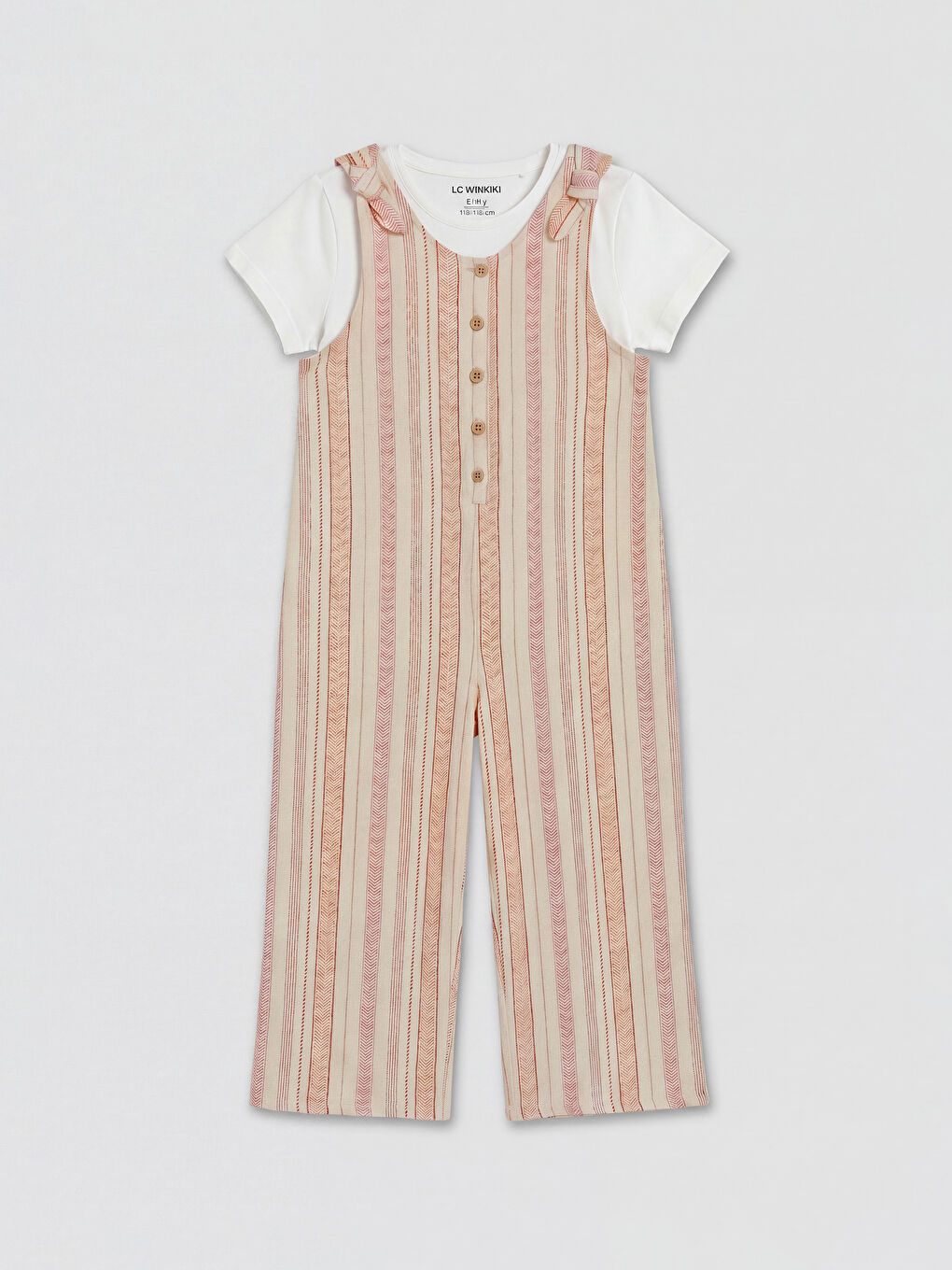 Ekru Çizgili Kız Çocuk Salopet ve Tişört