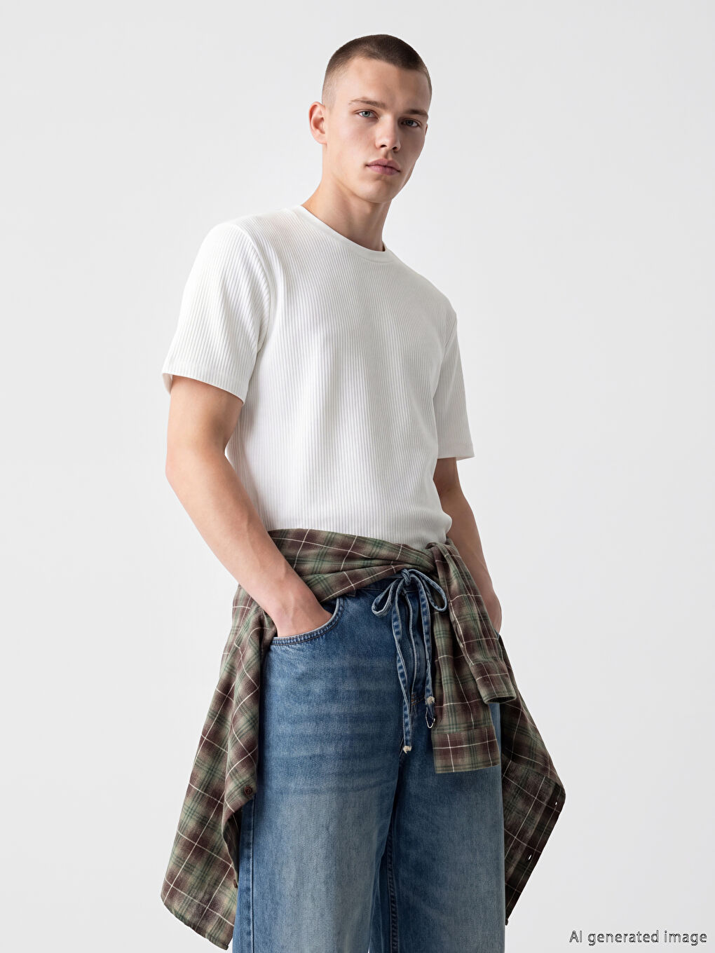 Ekru Regular Fit Bisiklet Yaka Fitilli Erkek Tişört