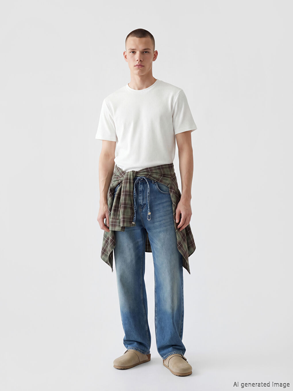 Ekru Regular Fit Bisiklet Yaka Fitilli Erkek Tişört-1