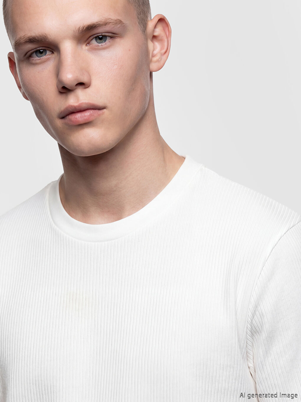 Ekru Regular Fit Bisiklet Yaka Fitilli Erkek Tişört-2