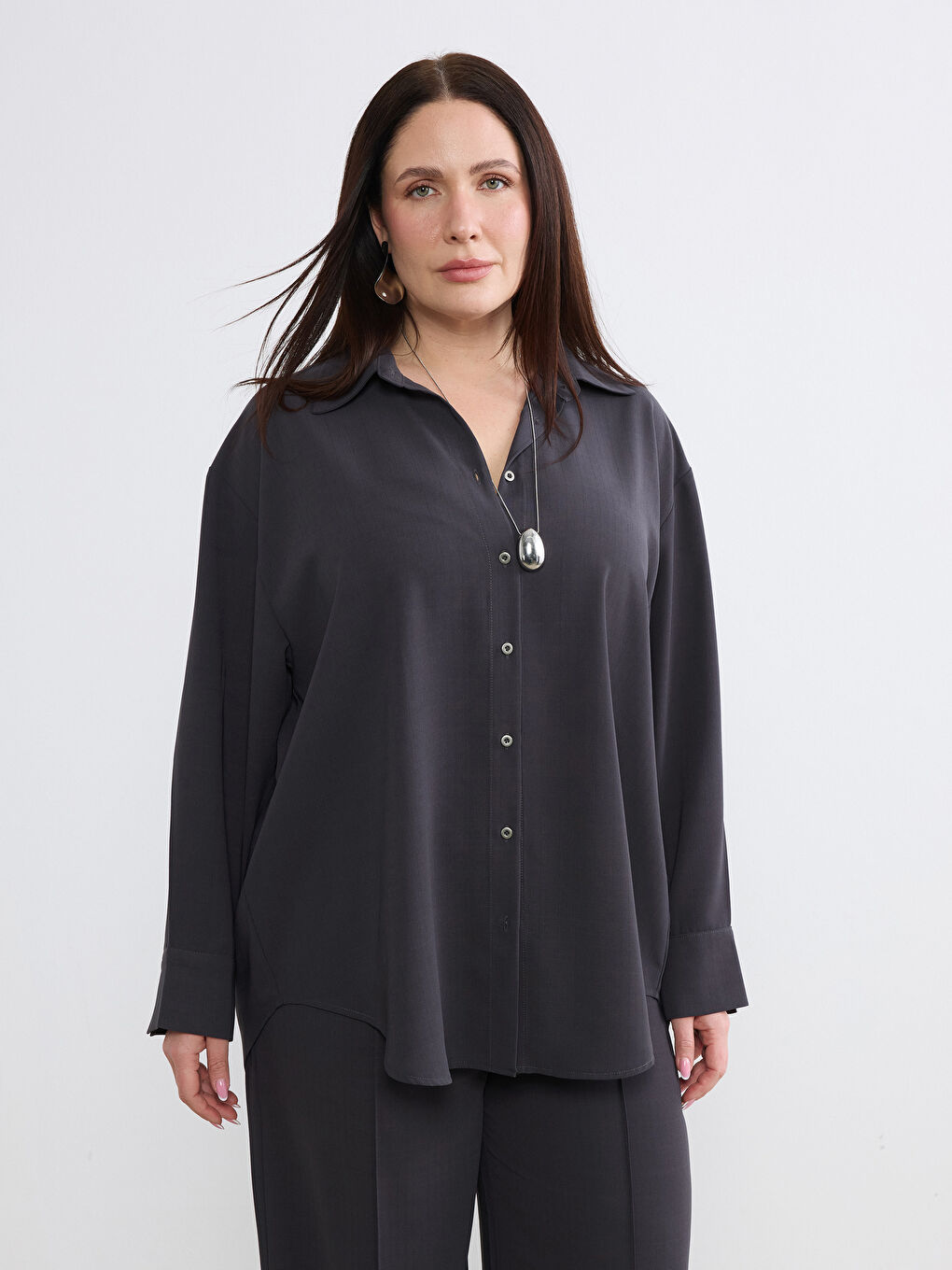 Antrasit Loose Fit Kadın Gömlek-1