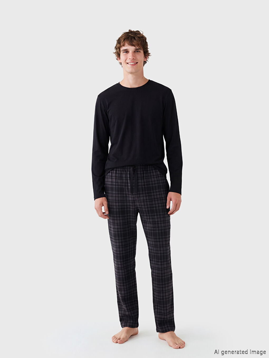 Siyah Bisiklet Yaka Uzun Kollu Erkek Pijama Üst-1