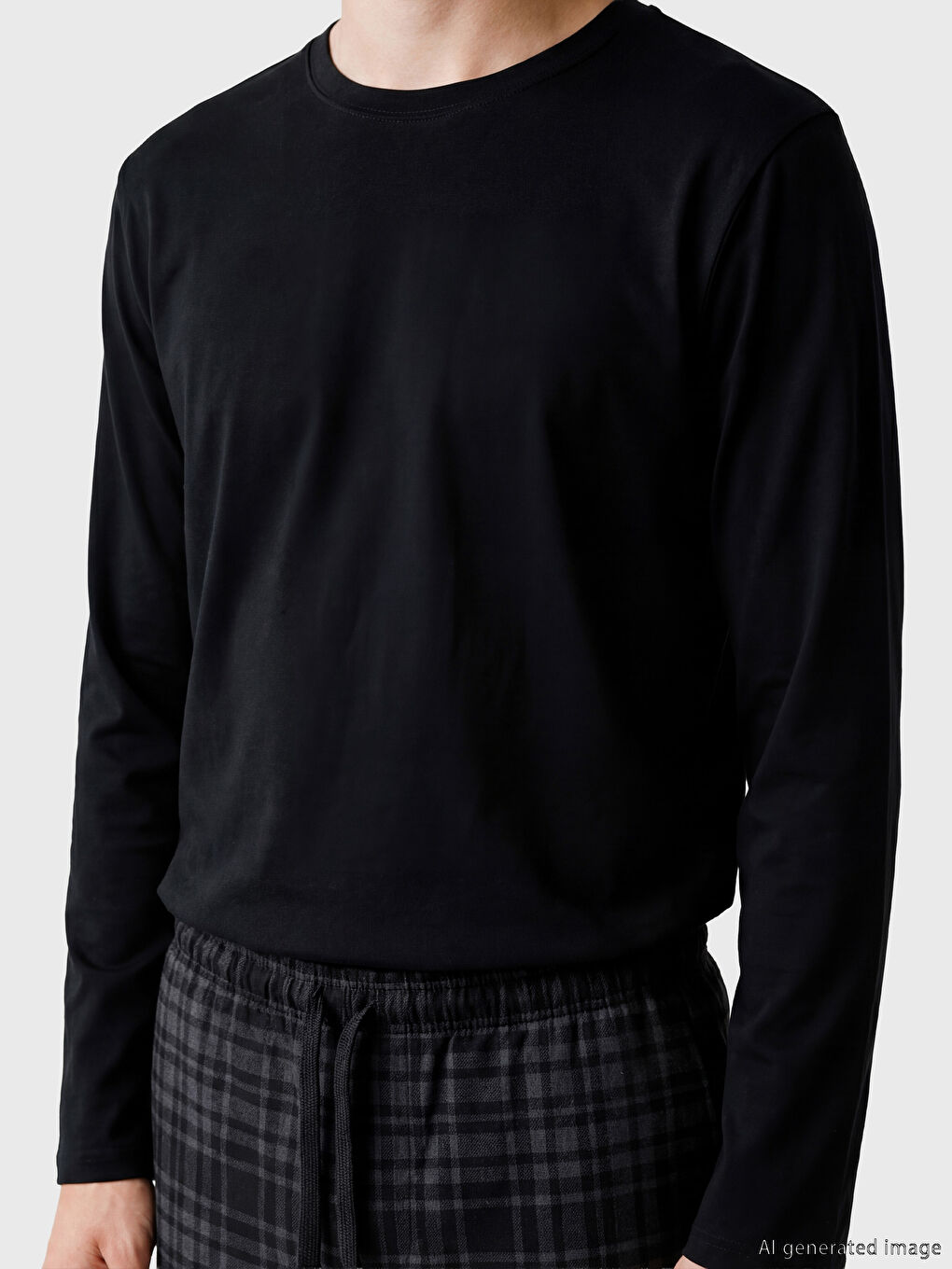 Siyah Bisiklet Yaka Uzun Kollu Erkek Pijama Üst-2