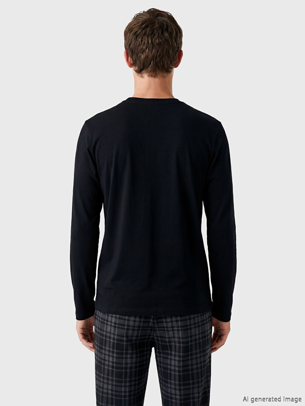 Siyah Bisiklet Yaka Uzun Kollu Erkek Pijama Üst-3