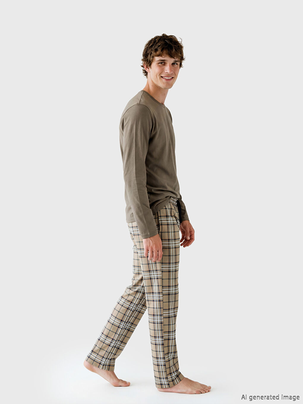 Kahverengi Bisiklet Yaka Uzun Kollu Erkek Pijama Üstü-1