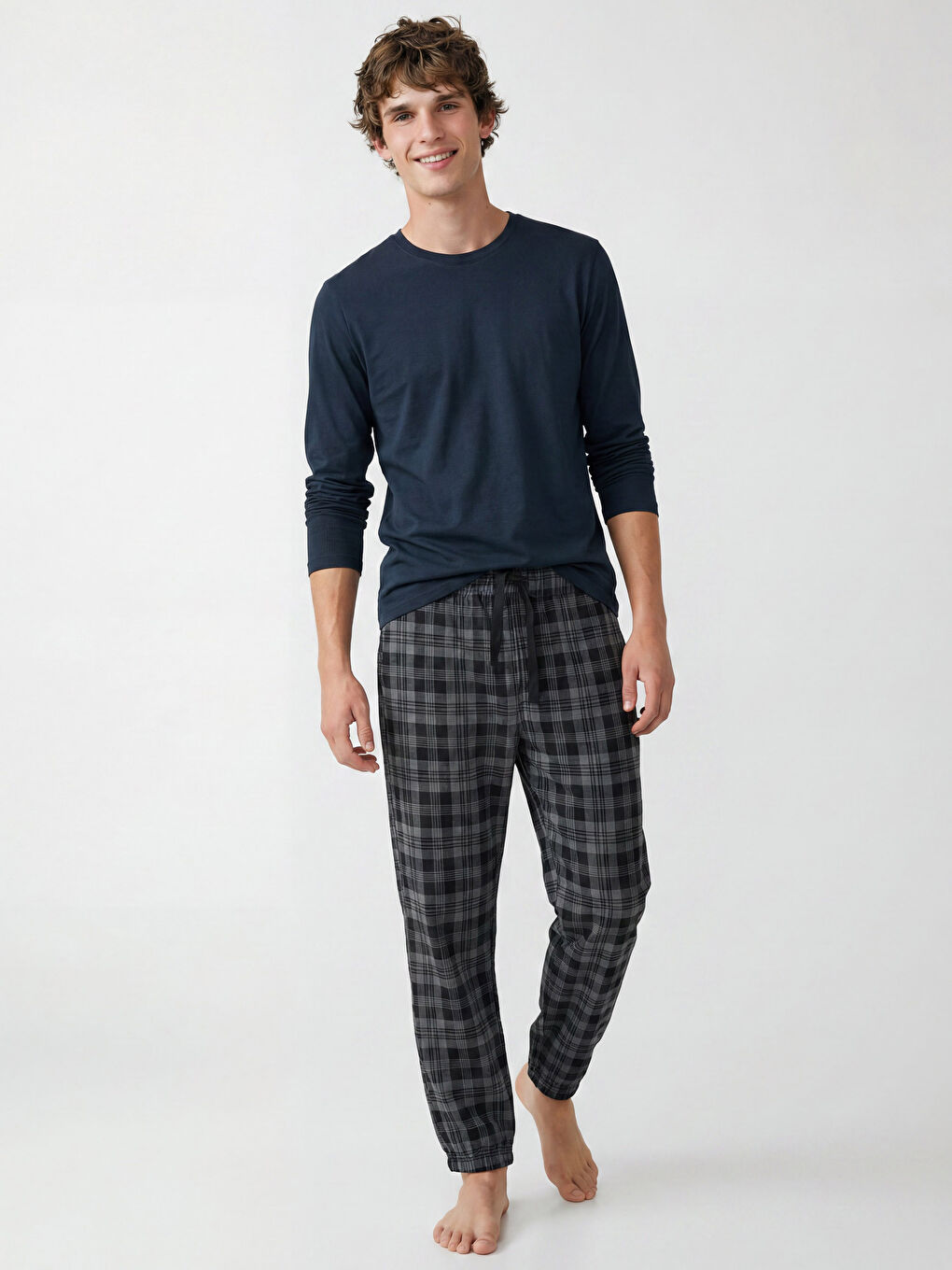 Lacivert Bisiklet Yaka Uzun Kollu Erkek Pijama Üst-1