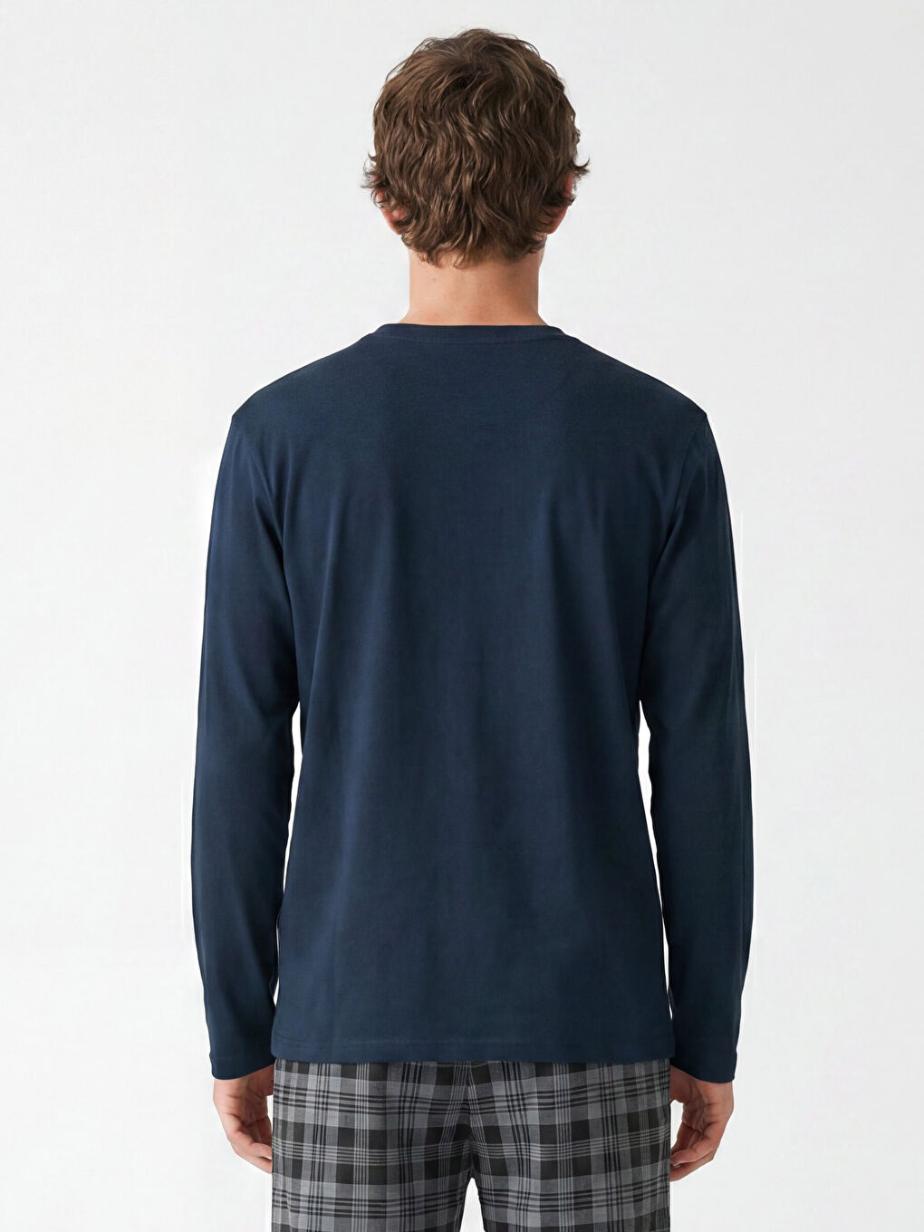 Lacivert Bisiklet Yaka Uzun Kollu Erkek Pijama Üst-3