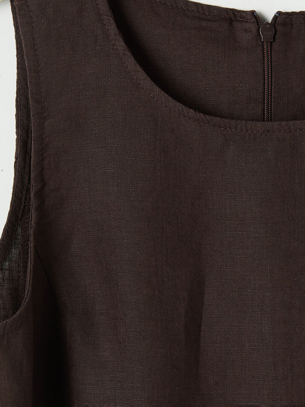 Kahverengi Bisiklet Yaka Keten Mini Elbise-2