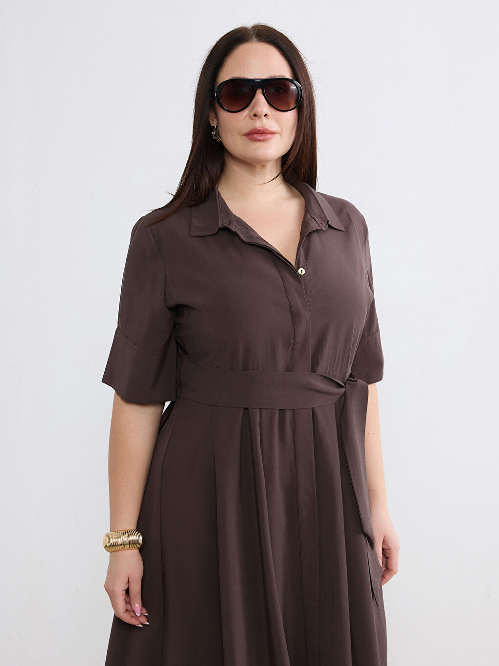 Kahverengi Büyük Beden Kuşaklı Gömlek Elbise-1