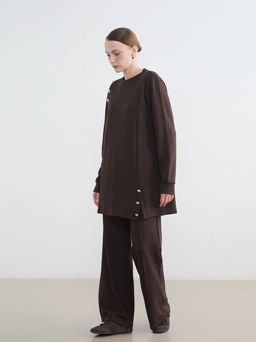 Kahverengi Soft Touch Kadın Sweatshirt Tunik-1