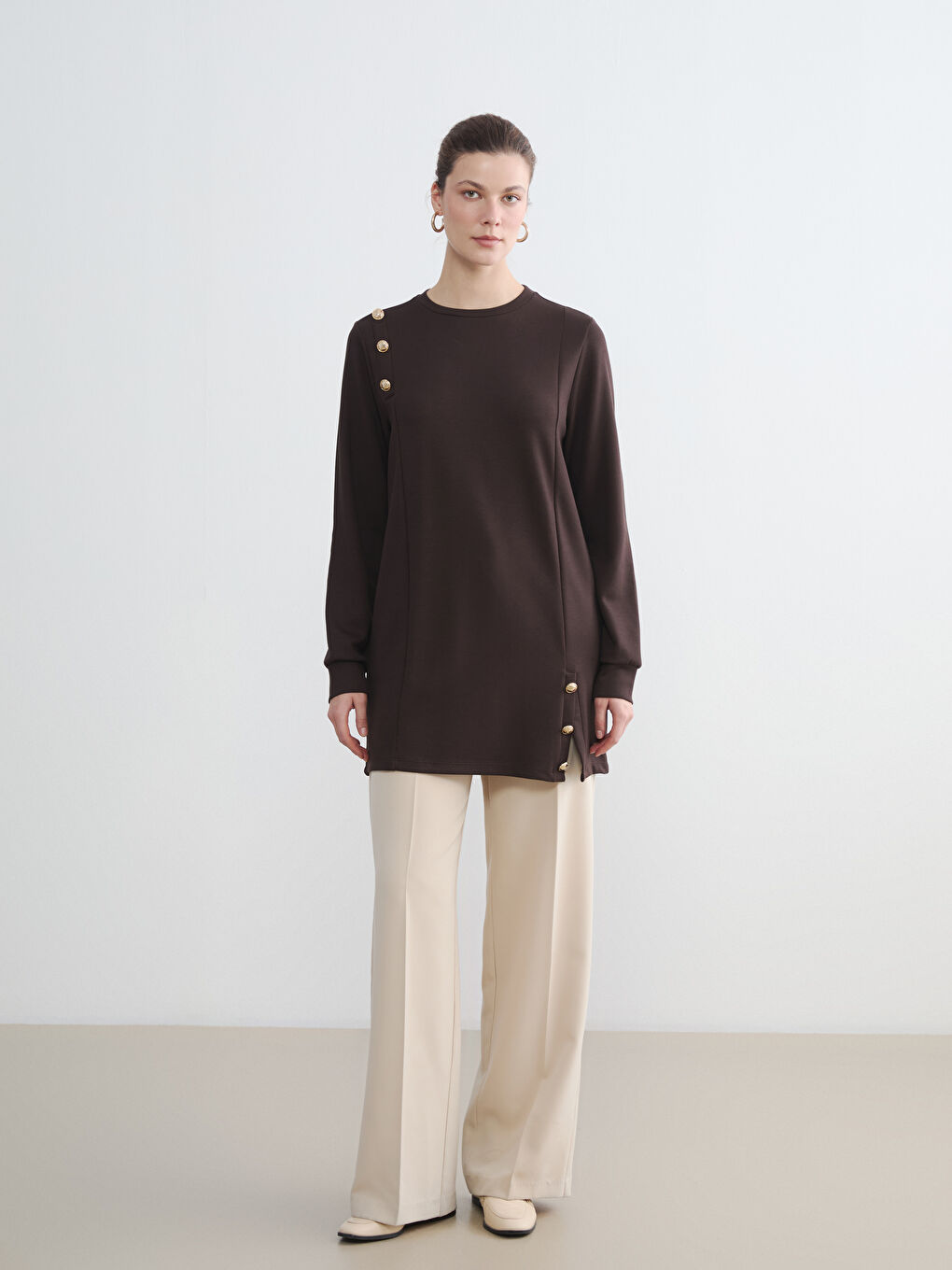 Kahverengi Soft Touch Kadın Sweatshirt Tunik-1