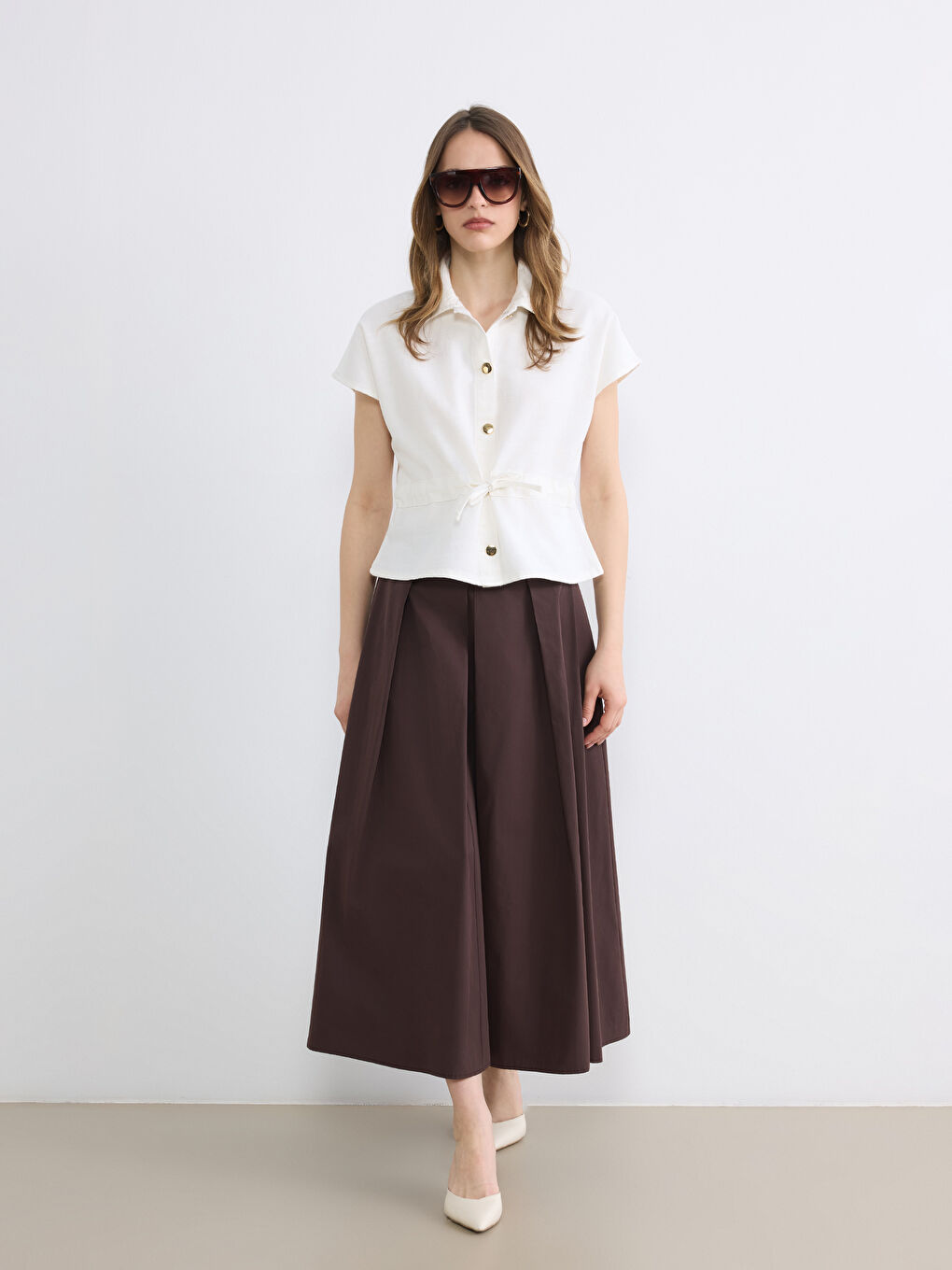 Kahverengi Beli Fermuarlı Kloş Etek