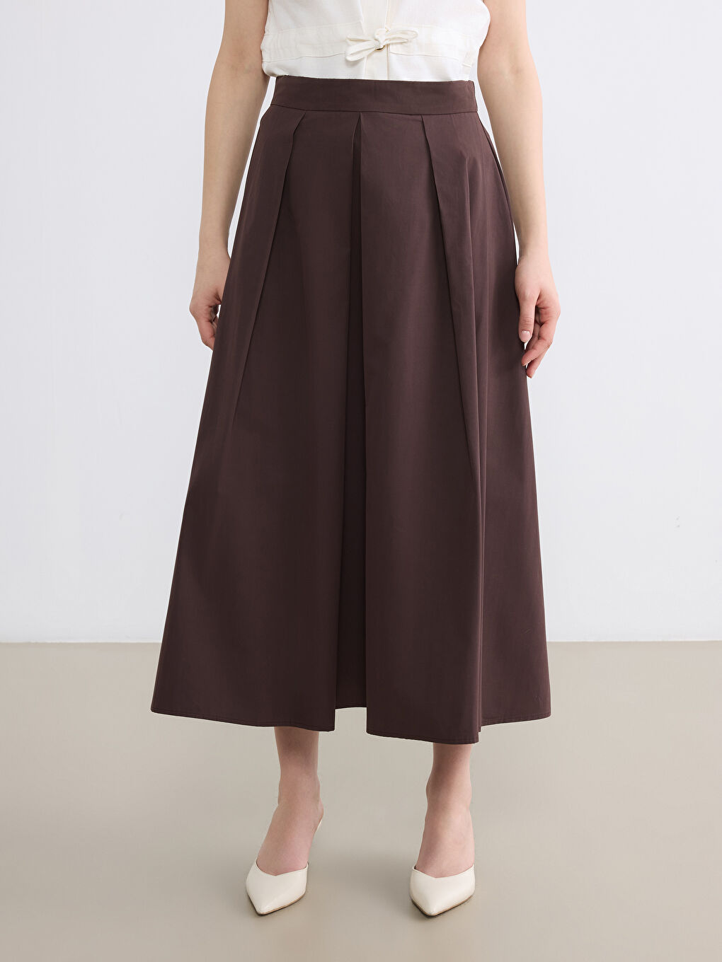 Kahverengi Beli Fermuarlı Kloş Etek-1