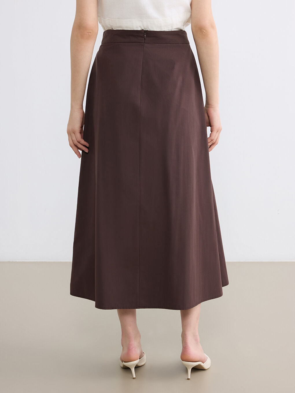 Kahverengi Beli Fermuarlı Kloş Etek-3