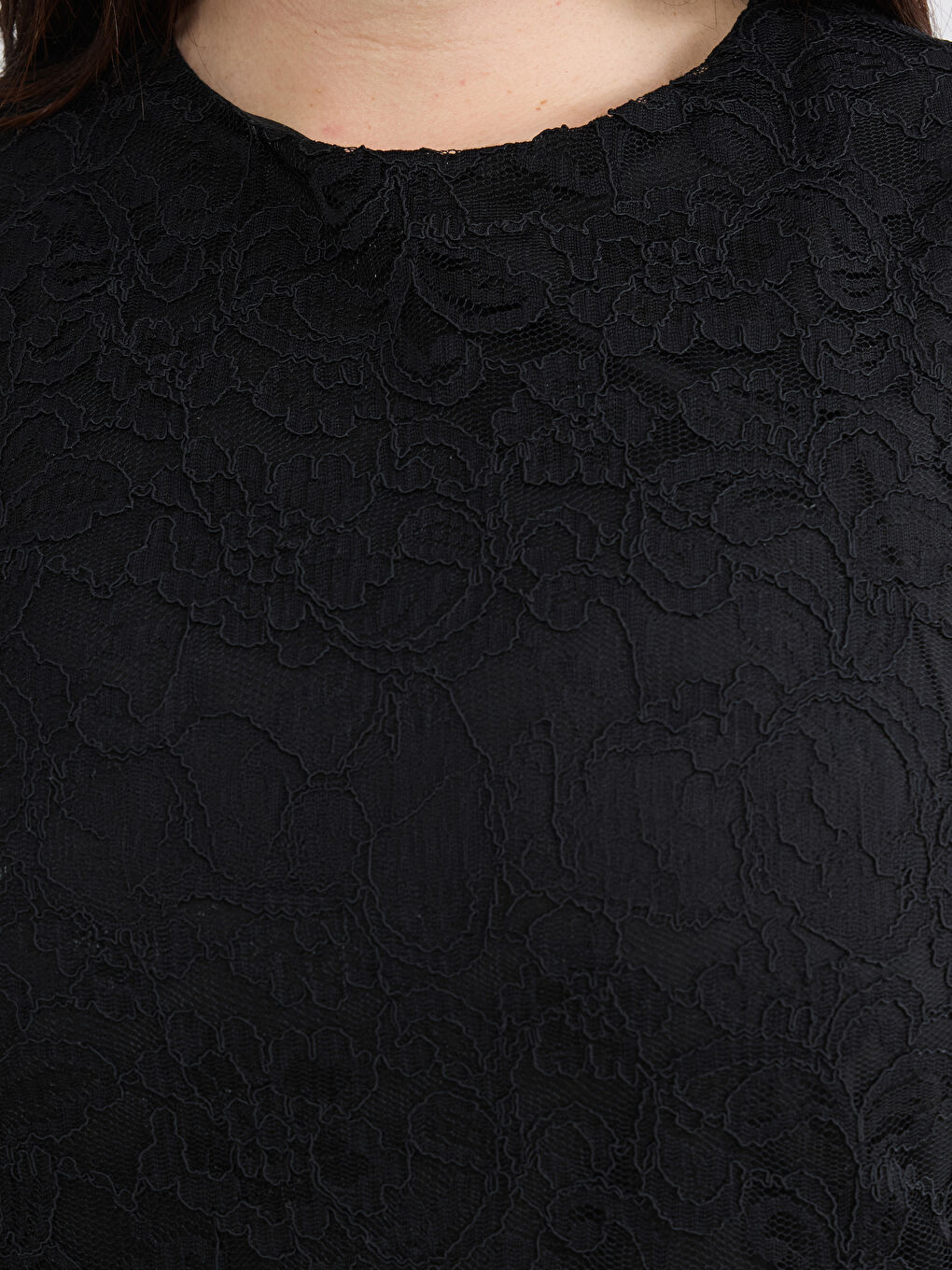 Siyah Bisiklet Yaka Dantelli Mini Elbise-6