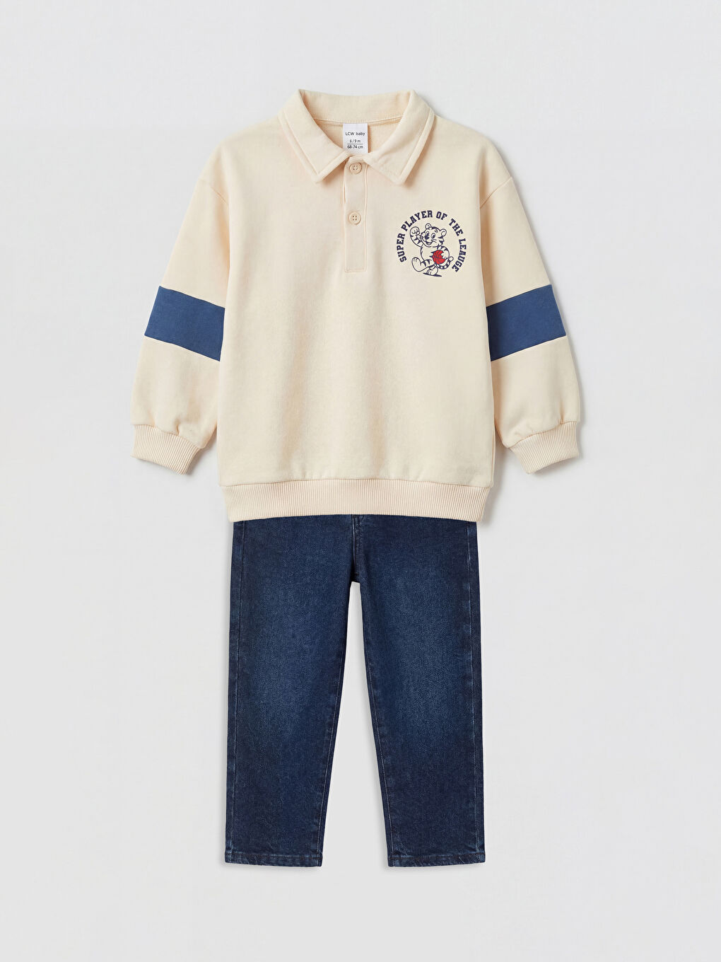 Bej Baskılı Erkek Bebek Sweatshirt ve Jean Pantolon