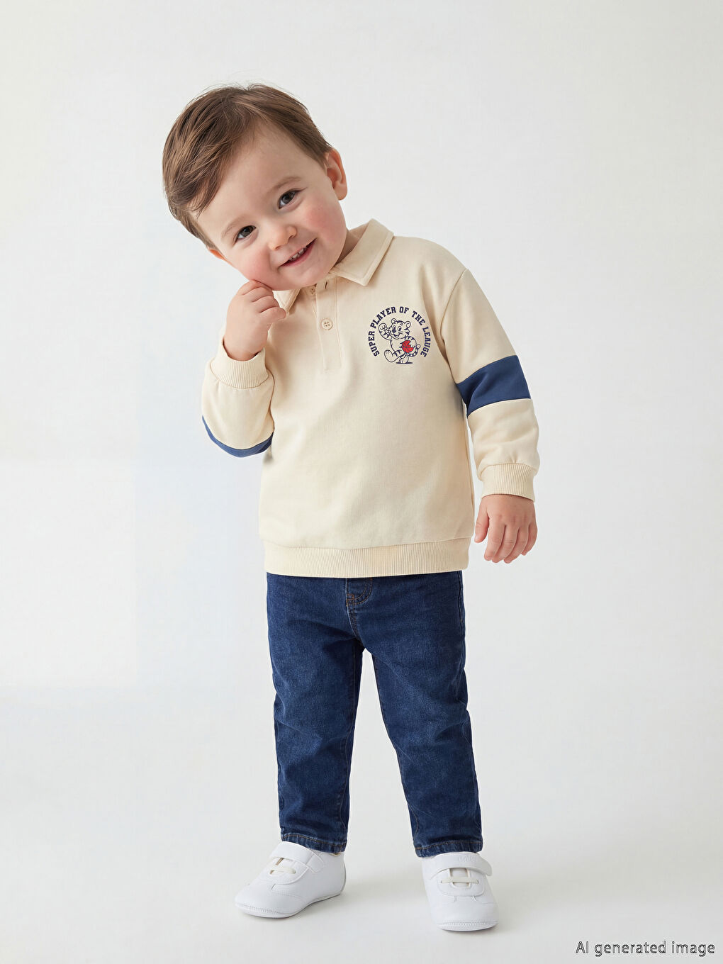 Bej Baskılı Erkek Bebek Sweatshirt ve Jean Pantolon