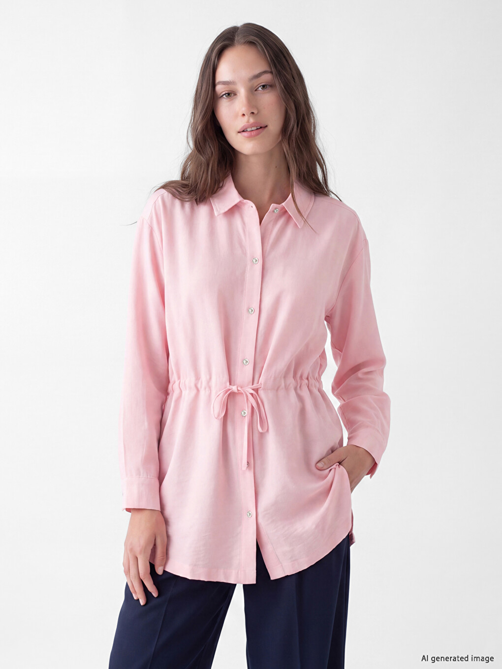 Pembe Beli Bağcıklı Kadın Gömlek Tunik