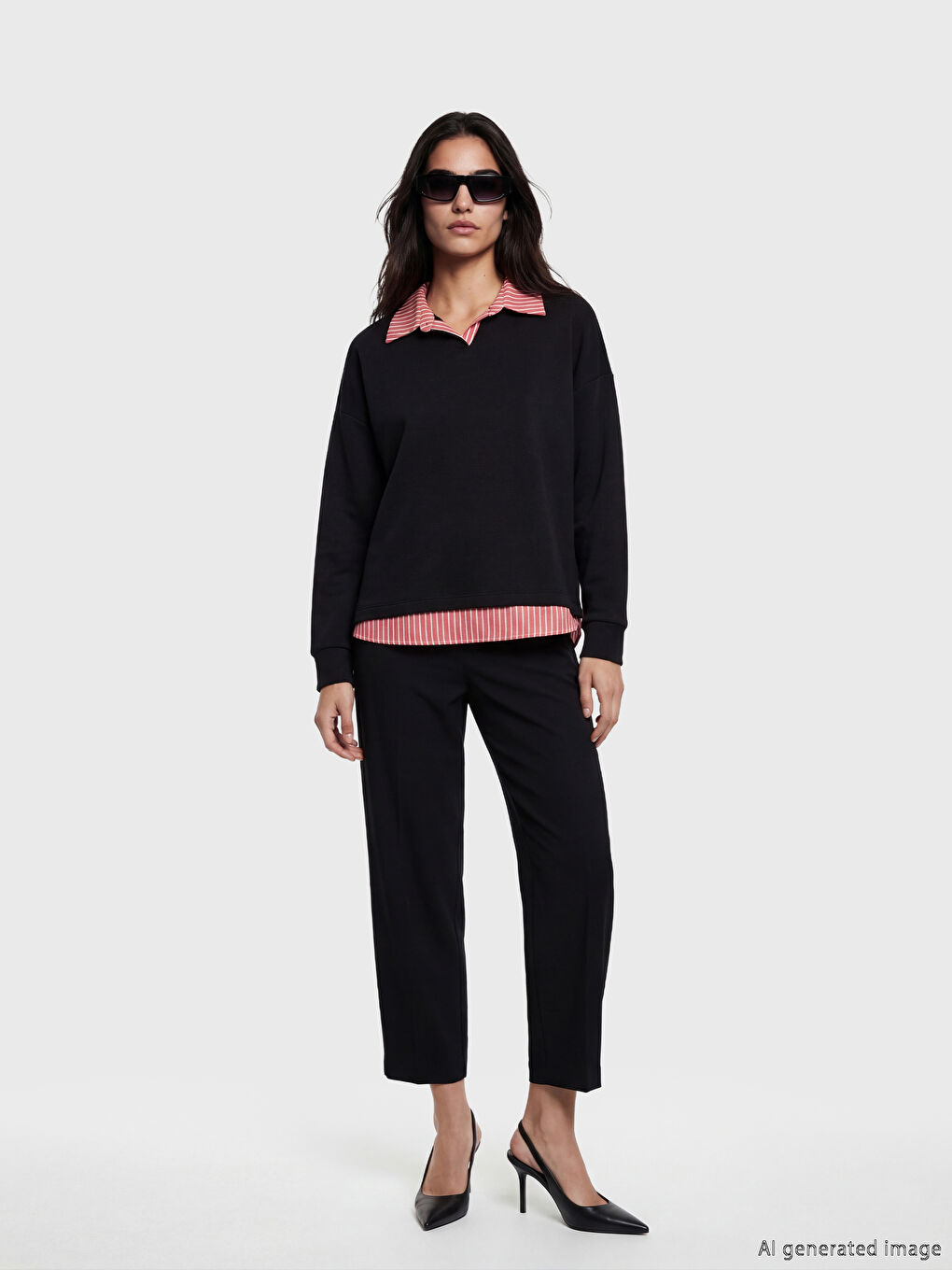 Siyah Gömlek Yaka Çizgili Bluz-1