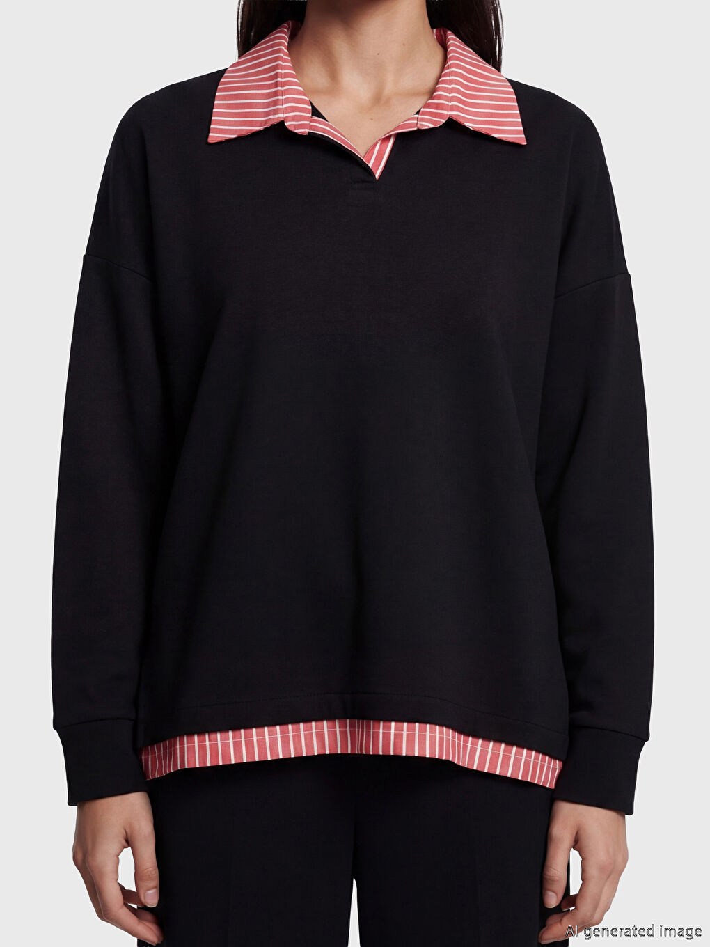 Siyah Gömlek Yaka Çizgili Bluz-2