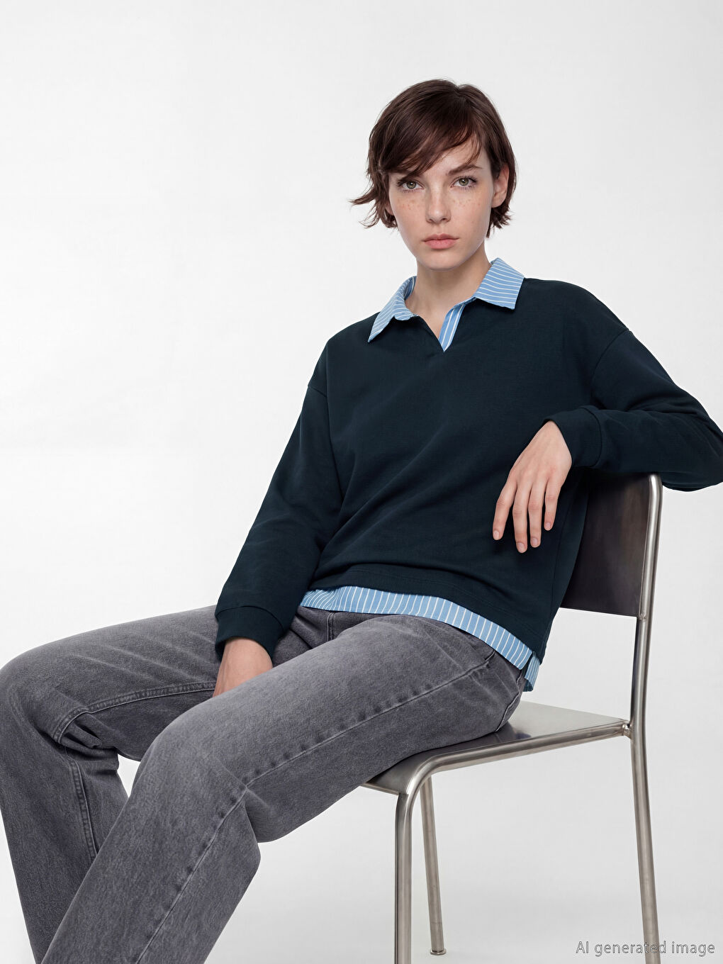 Lacivert Gömlek Yaka Çizgili Bluz