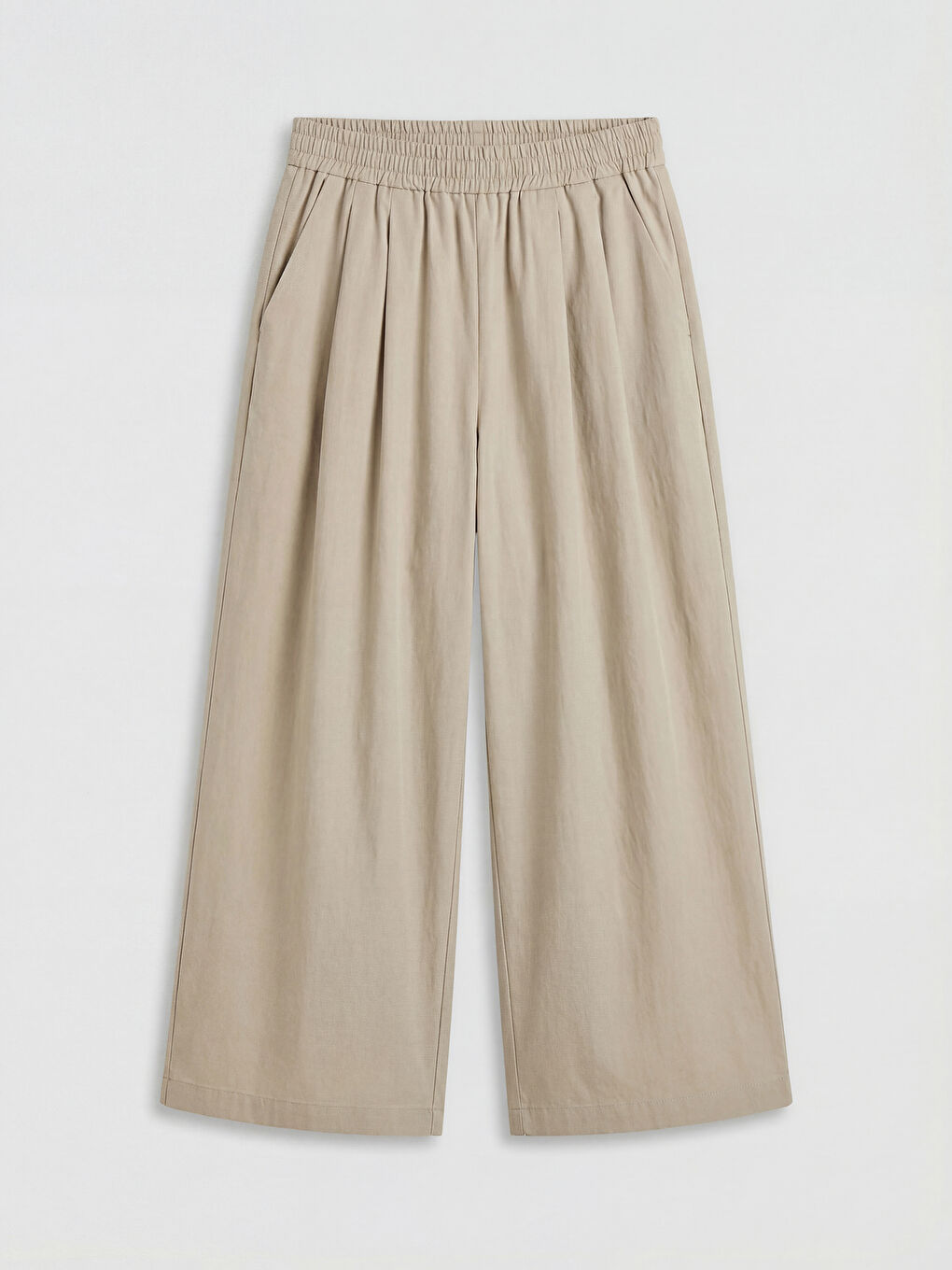 Bej Beli Lastikli Pileli Kadın Pantolon