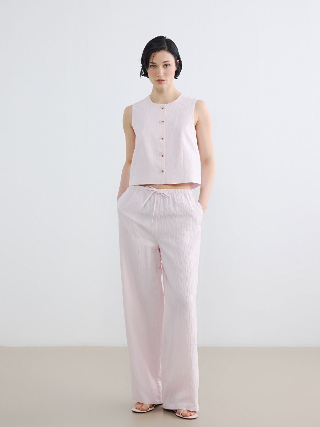 Pembe Beli Lastikli Dokulu Kadın Pantolon