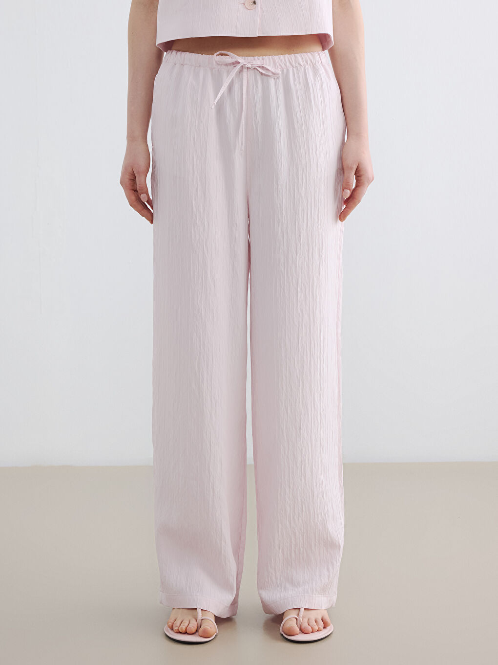 Pembe Beli Lastikli Dokulu Kadın Pantolon-1