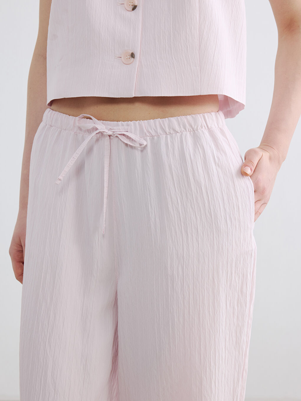 Pembe Beli Lastikli Dokulu Kadın Pantolon-2