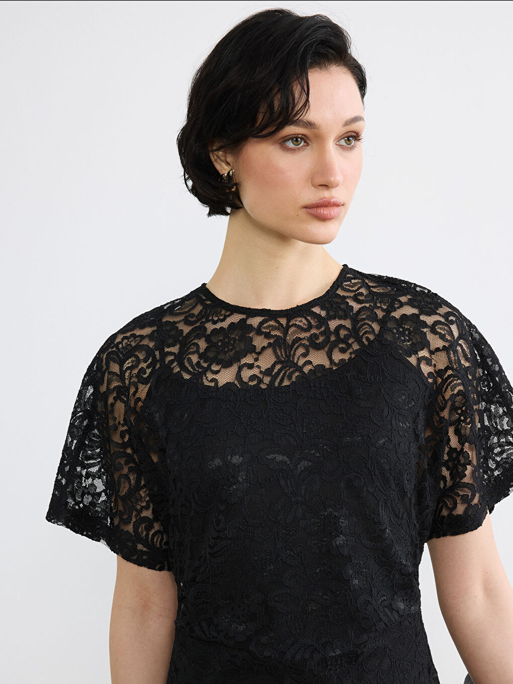 Siyah Bisiklet Yaka Dantelli Elbise-2