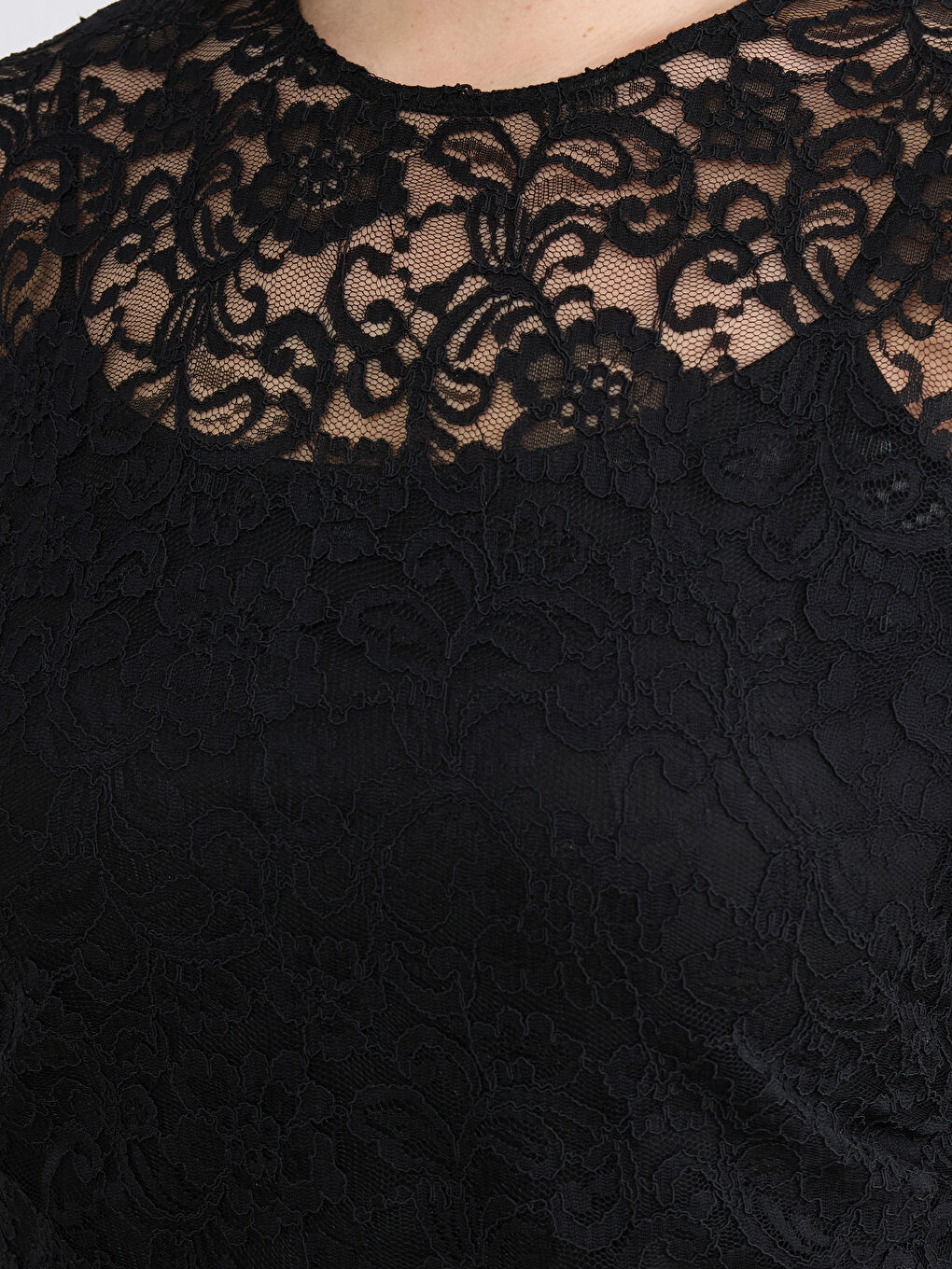 Siyah Bisiklet Yaka Dantelli Elbise-6