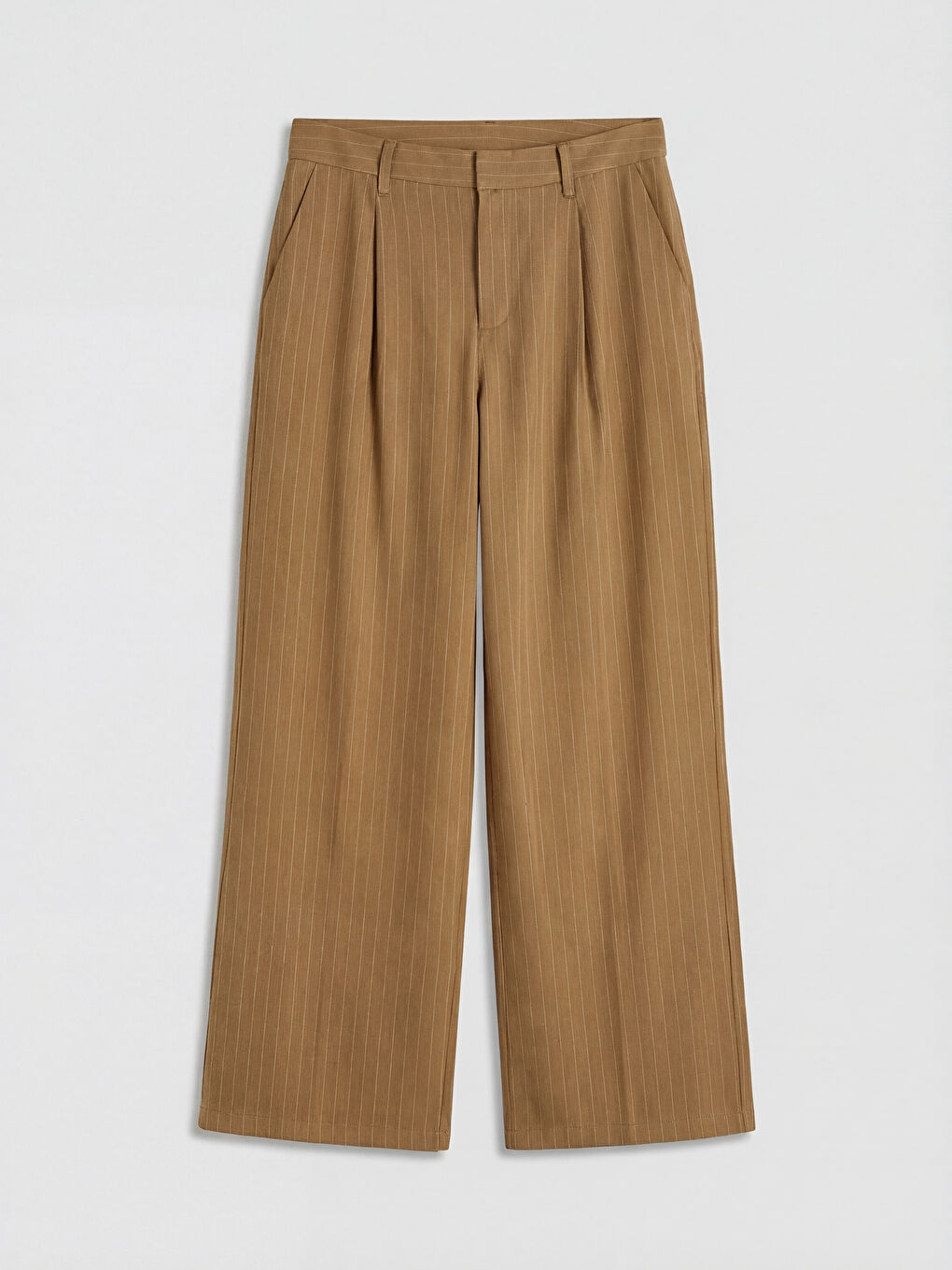 Kahverengi Çizgili Keten Karışımlı Kadın Pantolon