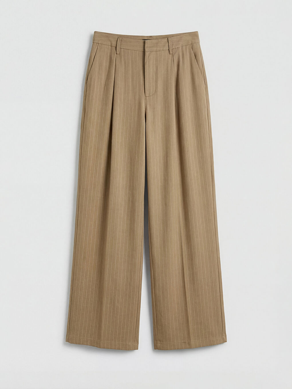 Haki Çizgili Keten Karışımlı Kadın Pantolon-4