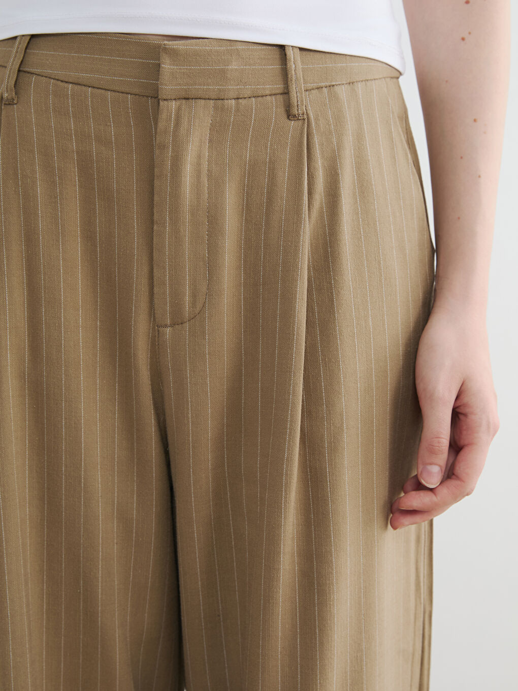 Haki Çizgili Keten Karışımlı Kadın Pantolon-2