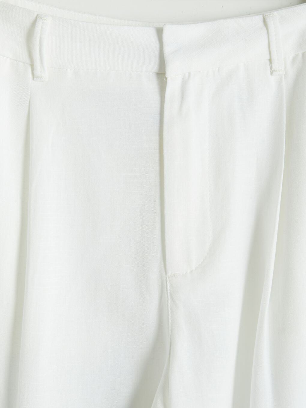 Ekru Loose Fit Keten Karışımlı Kadın Pileli Pantolon-2