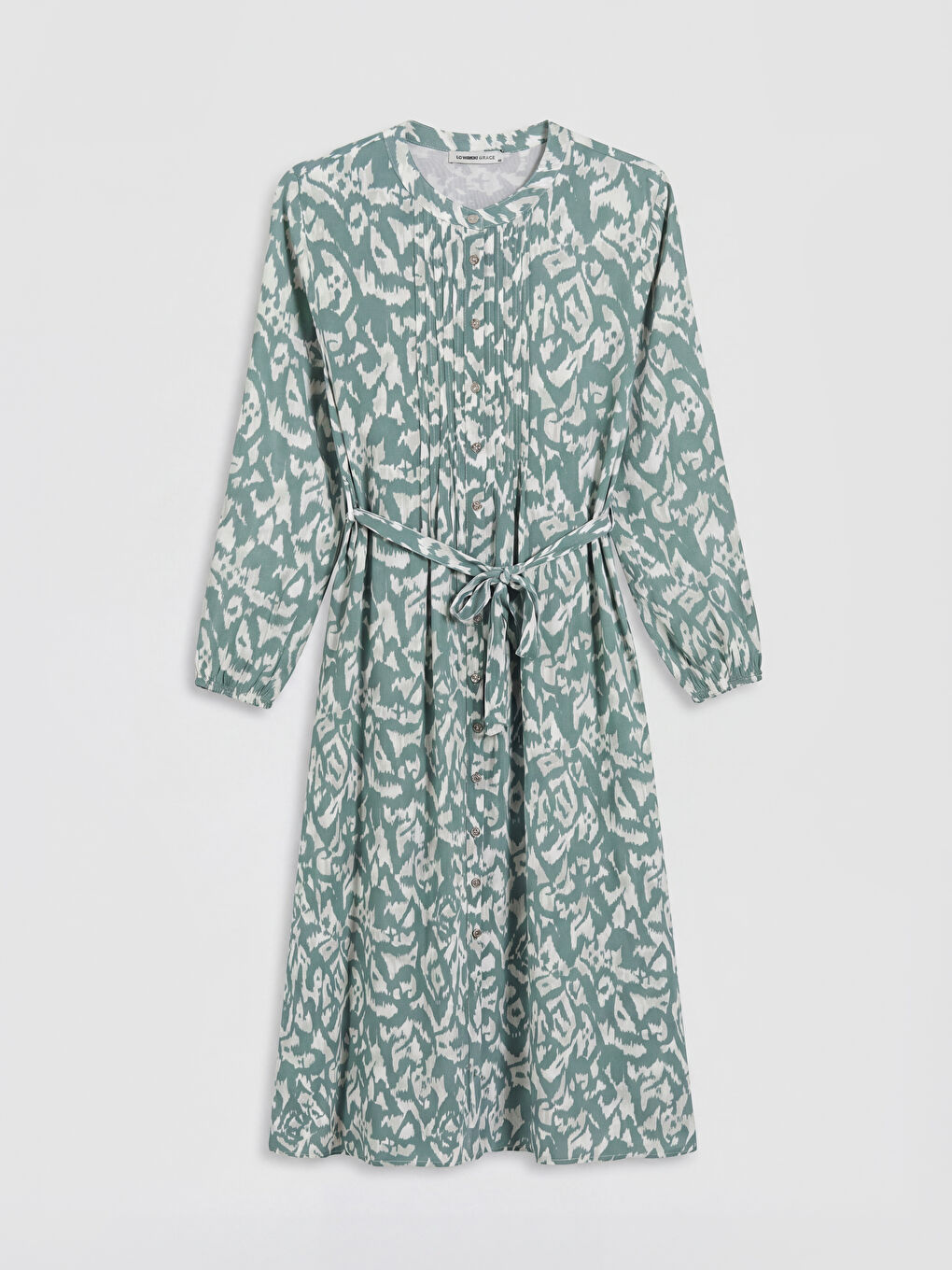 Turkuaz Desenli Kuşaklı A Kesim Gömlek Elbise