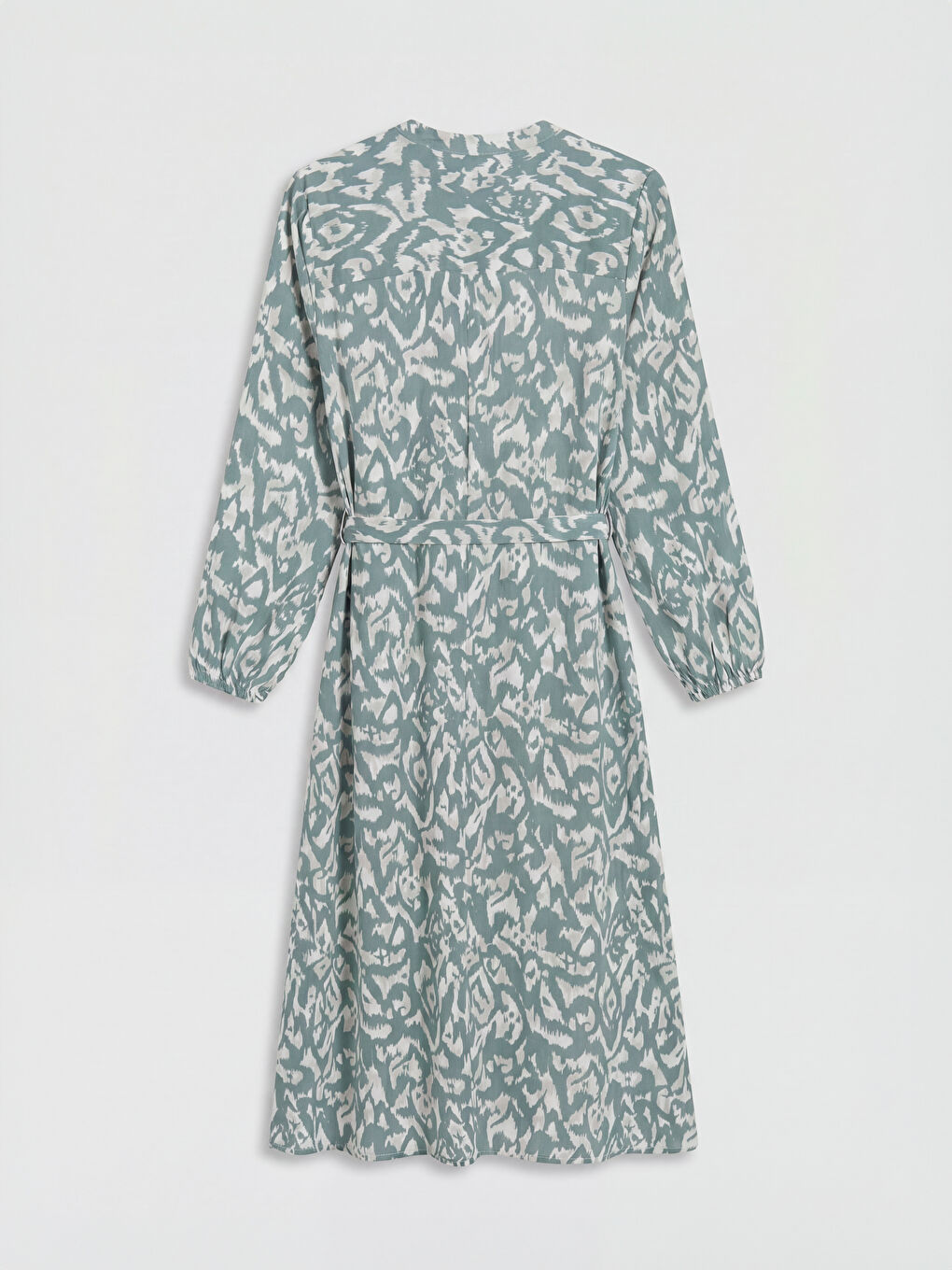 Turkuaz Desenli Kuşaklı A Kesim Gömlek Elbise-1