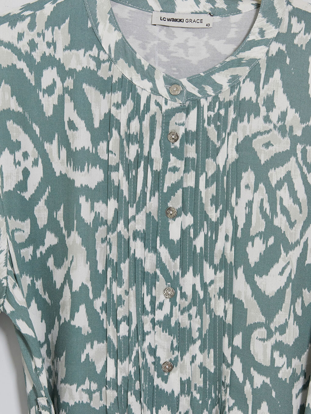 Turkuaz Desenli Kuşaklı A Kesim Gömlek Elbise-2