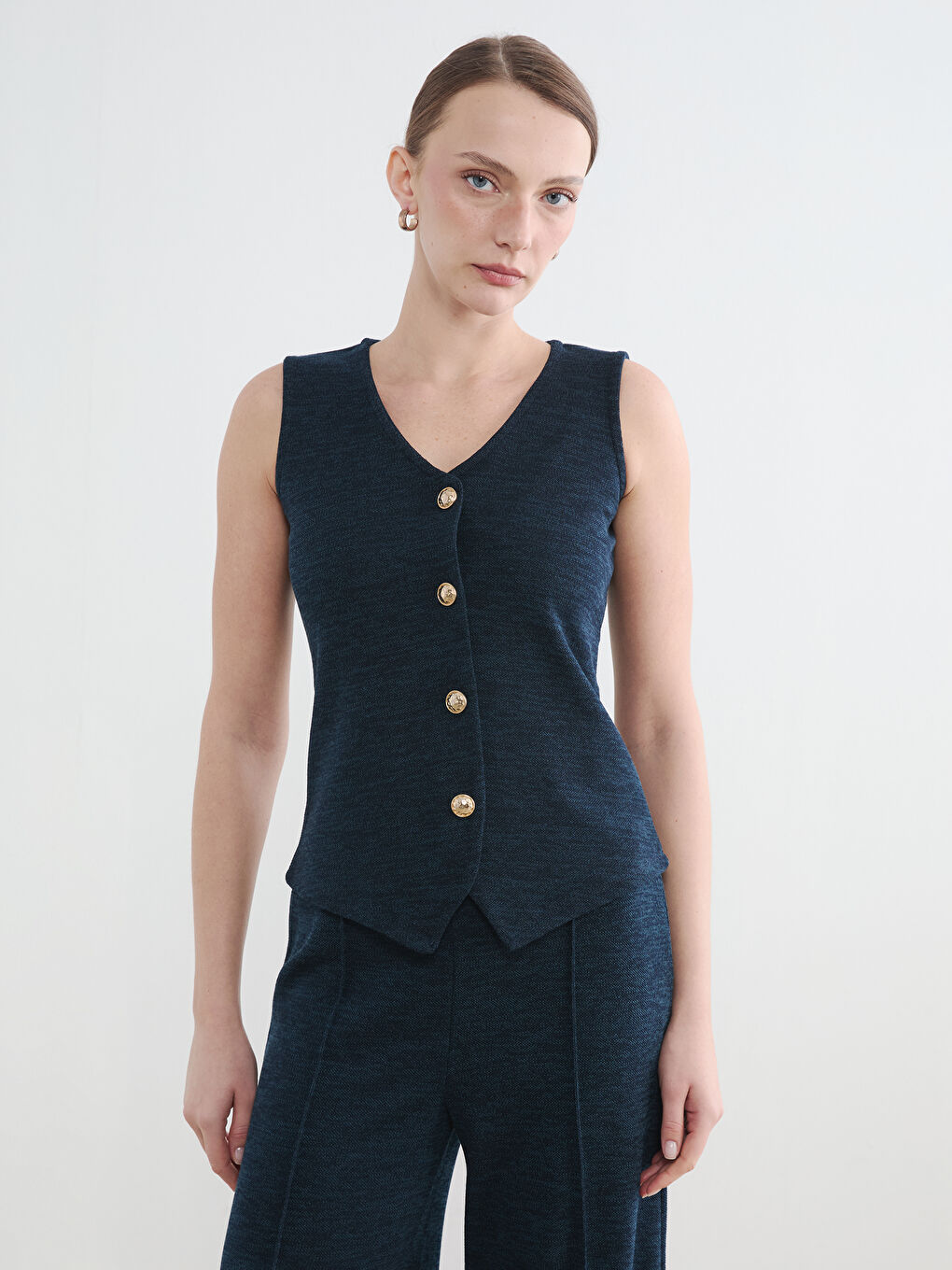 Lacivert V Yaka Pike Kadın Yelek