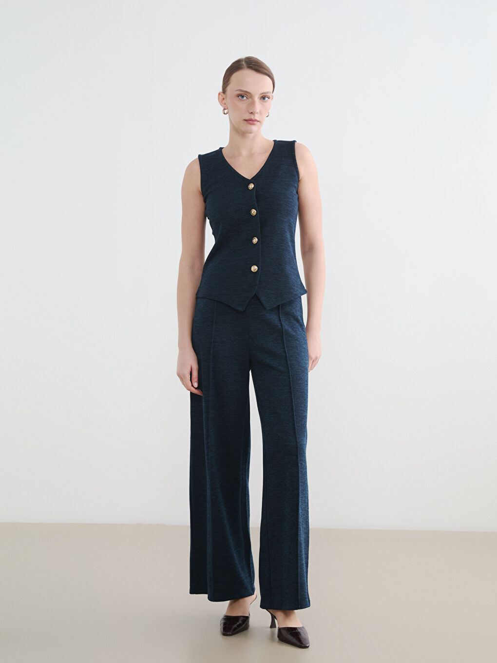 Lacivert V Yaka Pike Kadın Yelek-1